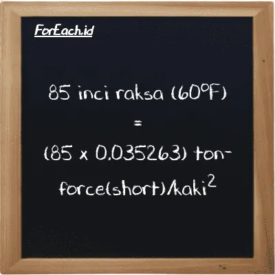 Cara konversi inci raksa (60<sup>o</sup>F) ke ton-force(short)/kaki<sup>2</sup> (inHg ke tf/ft<sup>2</sup>): 85 inci raksa (60<sup>o</sup>F) (inHg) setara dengan 85 dikalikan dengan 0.035263 ton-force(short)/kaki<sup>2</sup> (tf/ft<sup>2</sup>)